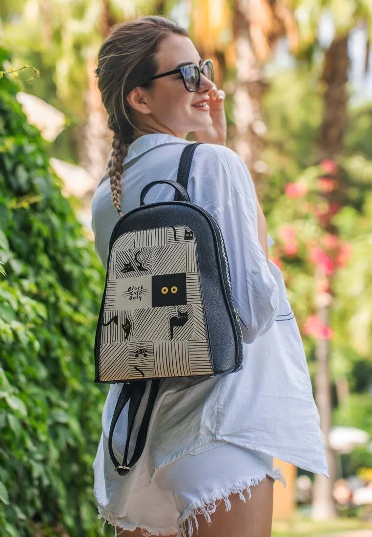 Women Vegan Leather Black Backpack - Black Cats Only Design