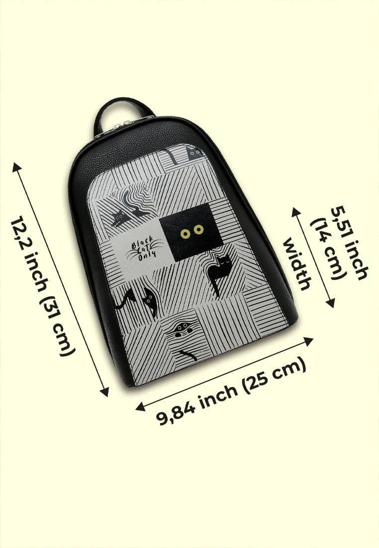 Women Vegan Leather Black Backpack - Black Cats Only Design