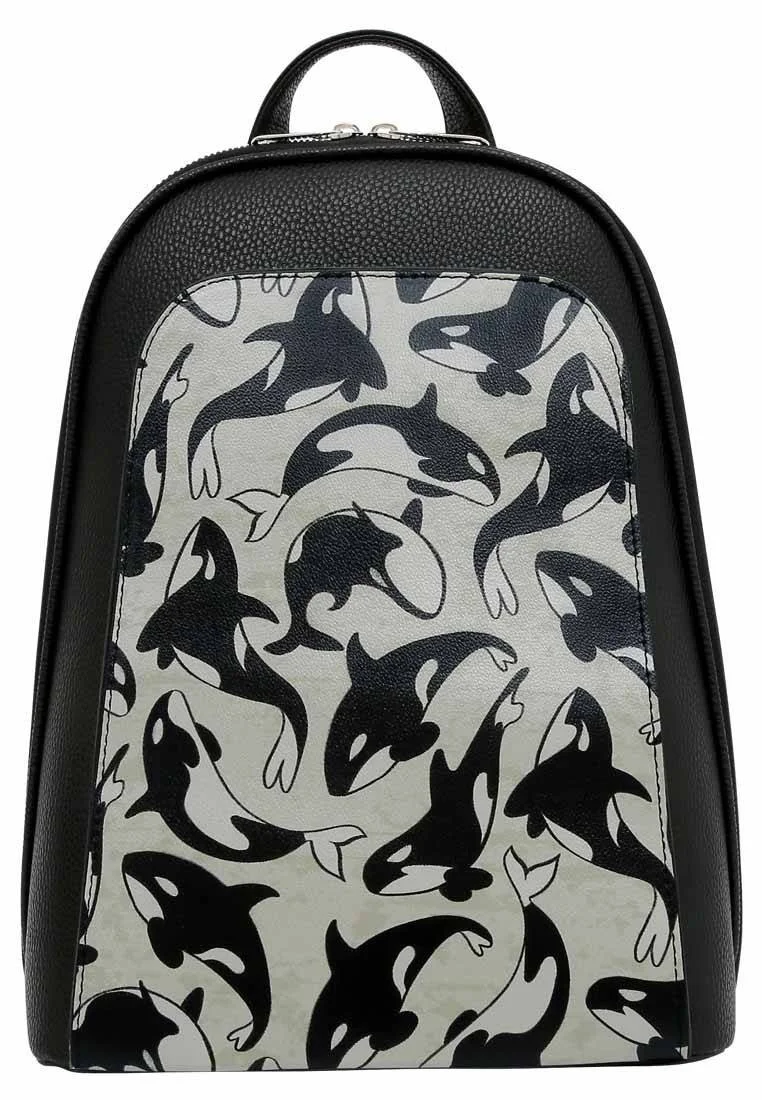 Women Vegan Leather Black Backpack - Flowing Orca Design