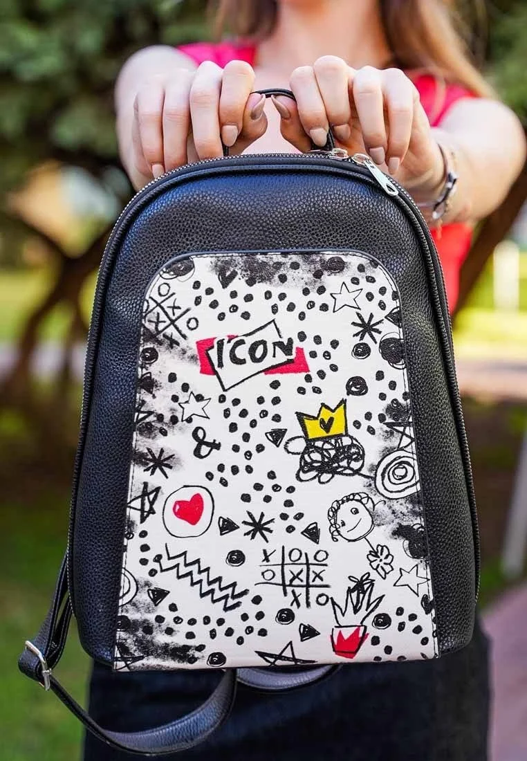 Women Vegan Leather Black Backpack - Icon Design