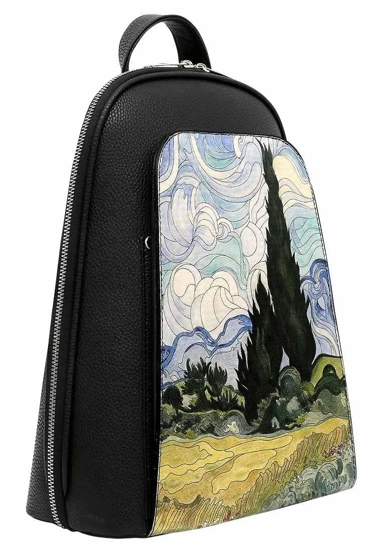 Women Vegan Leather Black Backpack - Vincent van Gogh A Wheat Field with Cypresses Design