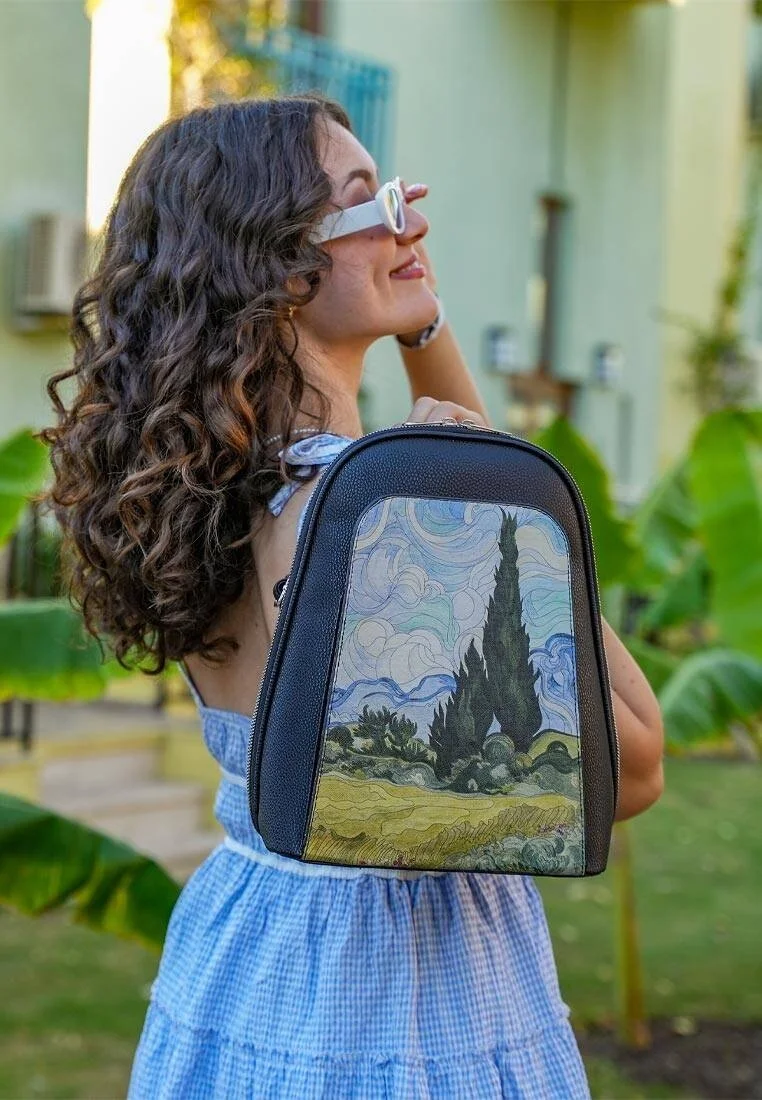 Women Vegan Leather Black Backpack - Vincent van Gogh A Wheat Field with Cypresses Design