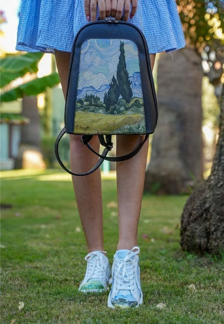 Women Vegan Leather Black Backpack - Vincent van Gogh A Wheat Field with Cypresses Design