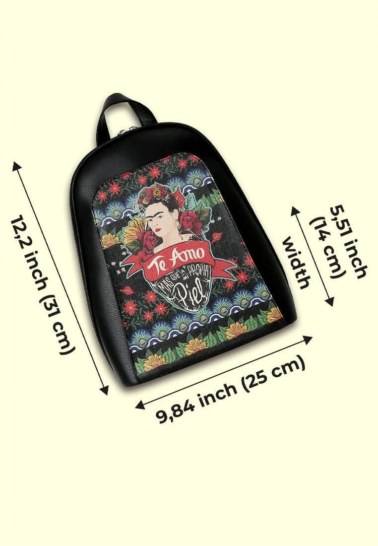 Women Vegan Leather Black Backpack - FKL Frida Kahlo Te Amo Design