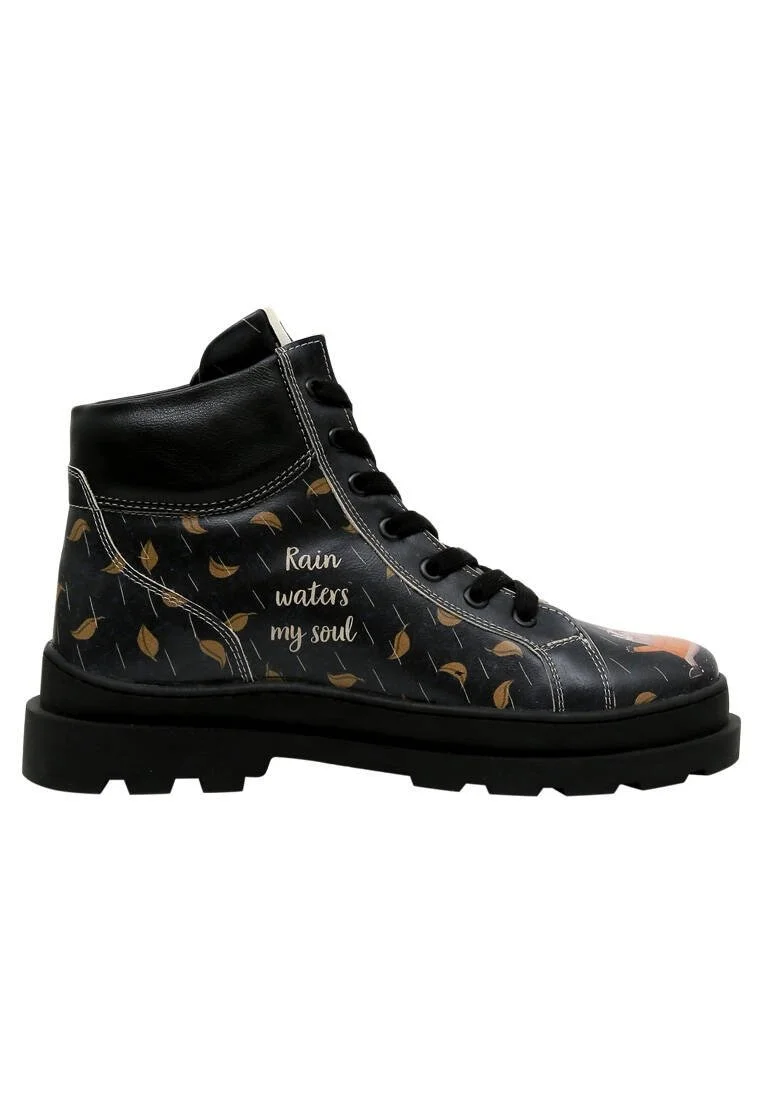 Women Vegan Leather Black Ankle Boots - Rain Waters My Soul Design
