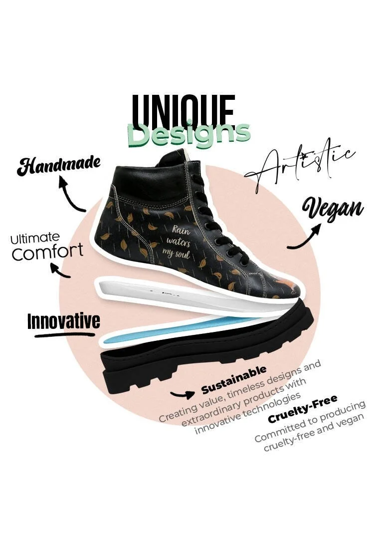 Women Vegan Leather Black Ankle Boots - Rain Waters My Soul Design