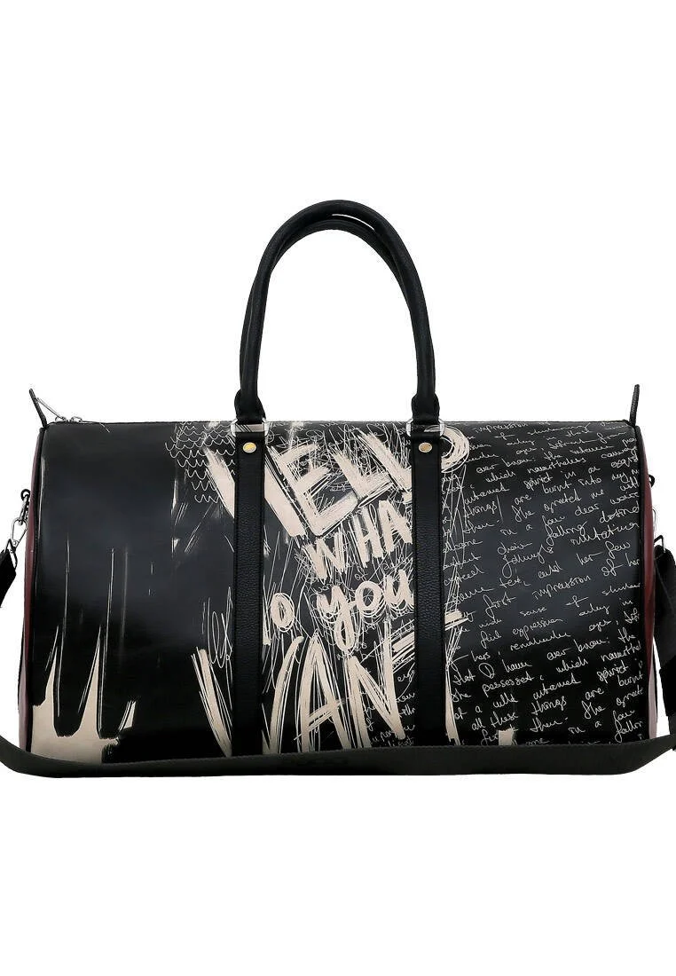 Women Vegan Leather Black Duffle Bag - What Do You Want Art Design Women Vegan Leather Black Duffle Bag - What Do You Want Art Design