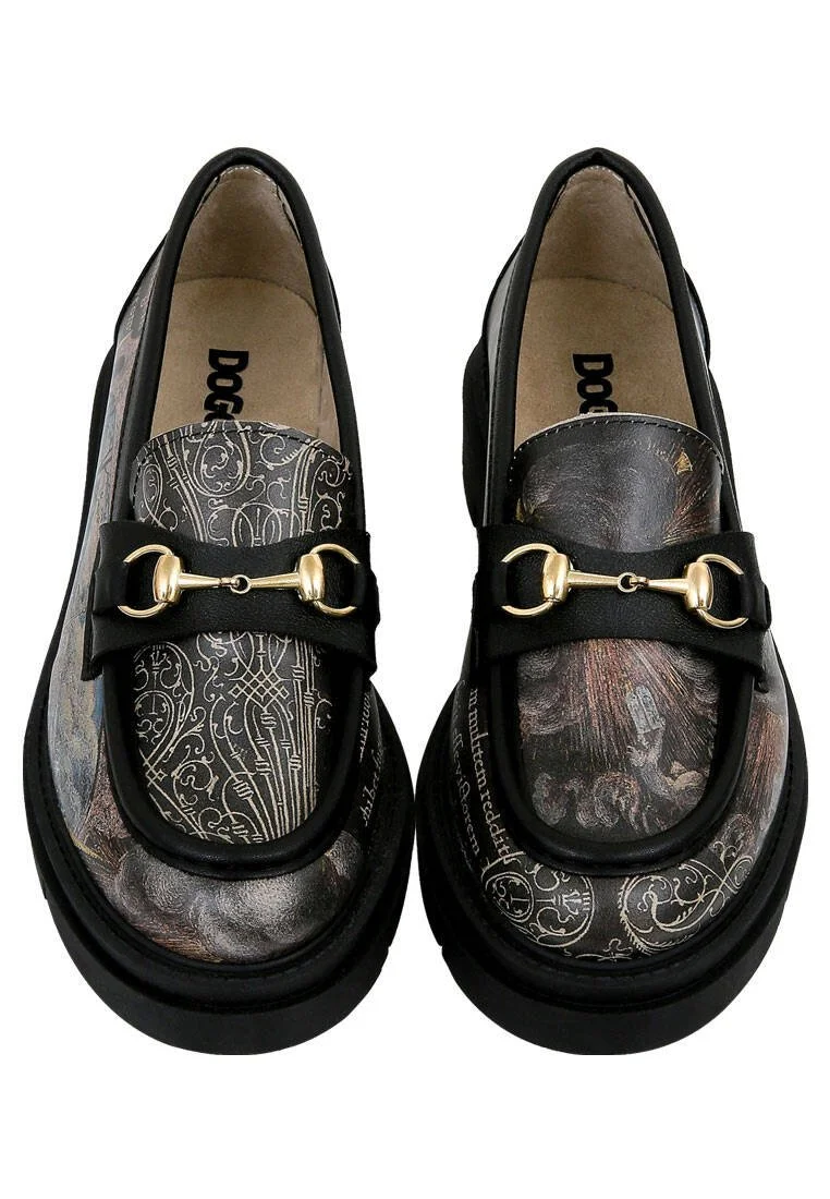 Women Vegan Leather Black Loafers - The Model Book Of Calligraphy Design