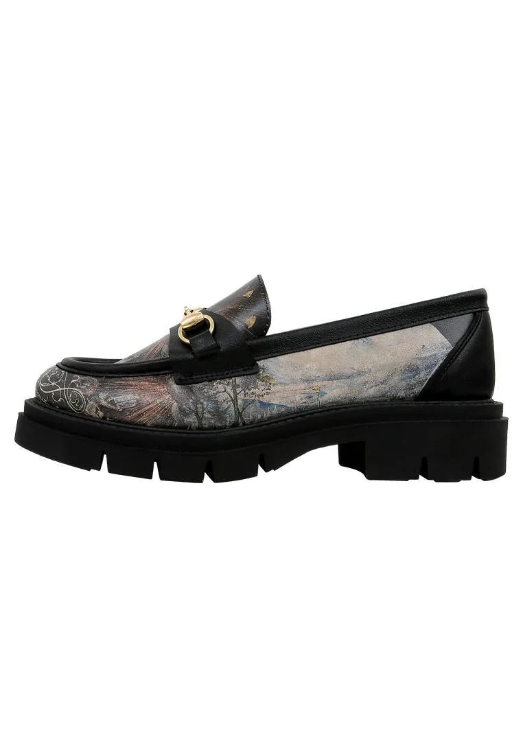 Women Vegan Leather Black Loafers - The Model Book Of Calligraphy Design