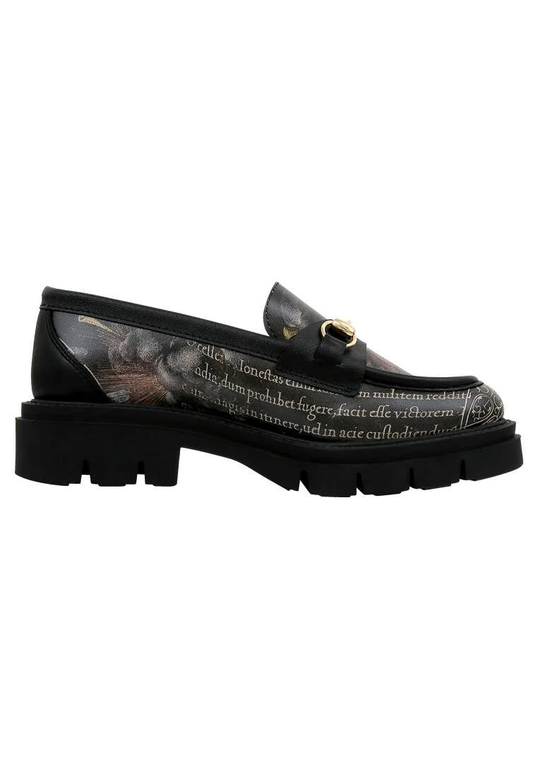 Women Vegan Leather Black Loafers - The Model Book Of Calligraphy Design