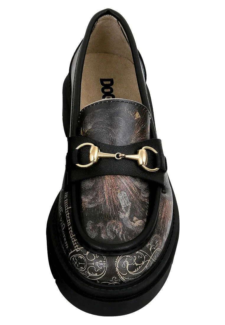 Women Vegan Leather Black Loafers - The Model Book Of Calligraphy Design