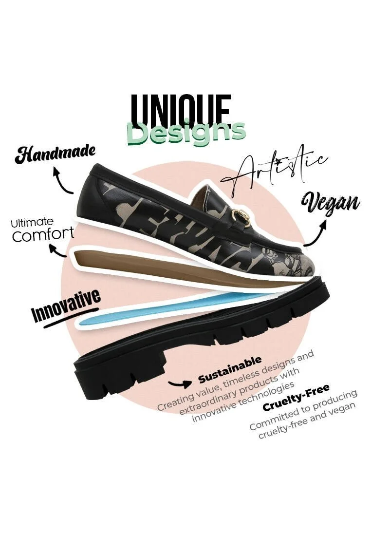 Women Vegan Leather Black Loafers - Supper BlackWhite Design