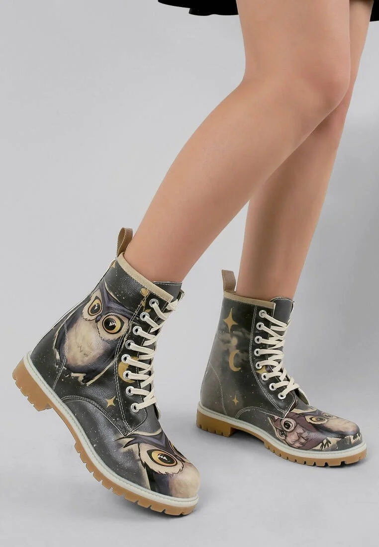 Women Vegan Leather Black Long Boots - Owls Family Design