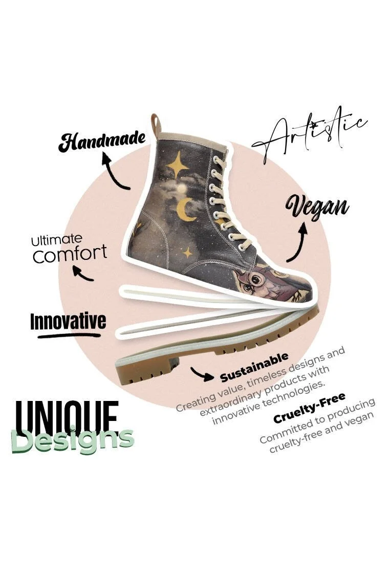 Women Vegan Leather Black Long Boots - Owls Family Design