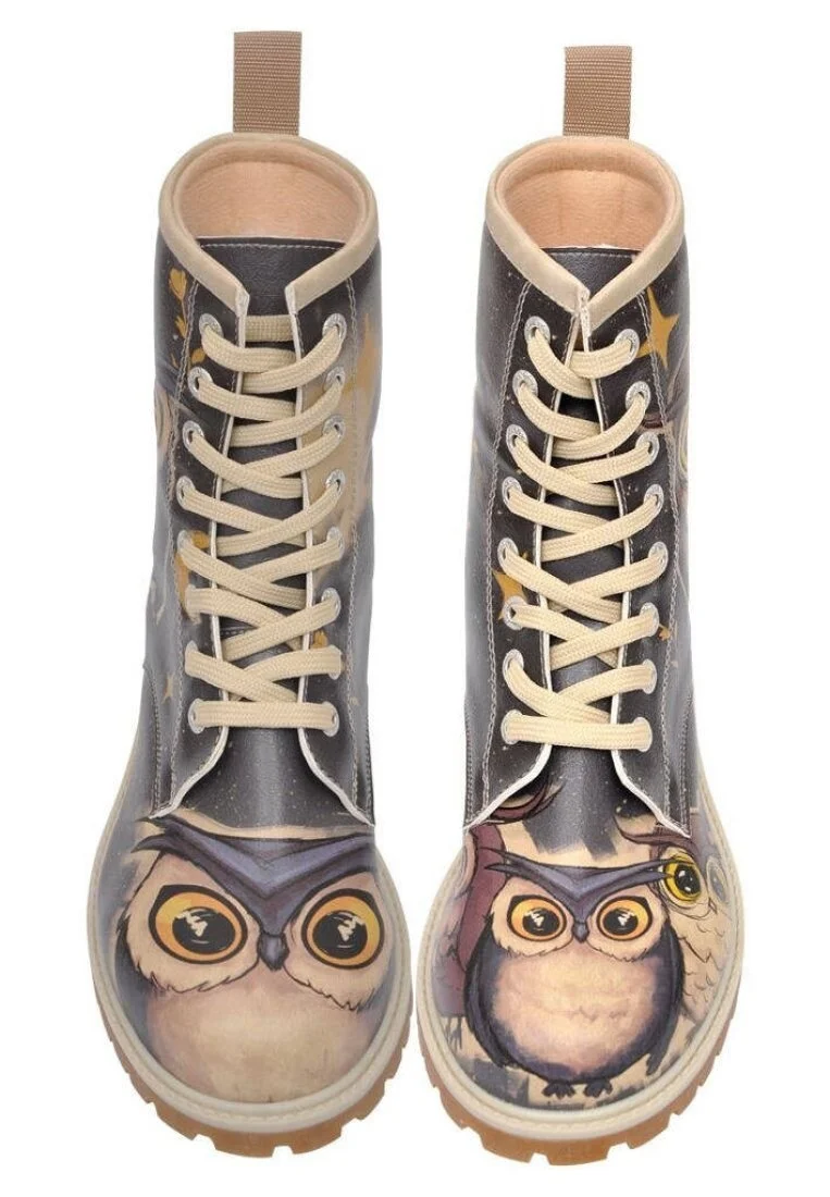 Women Vegan Leather Black Long Boots - Owls Family Design