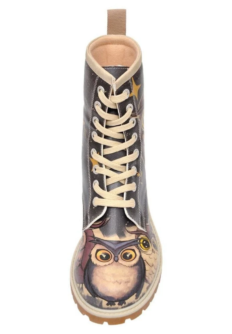 Women Vegan Leather Black Long Boots - Owls Family Design