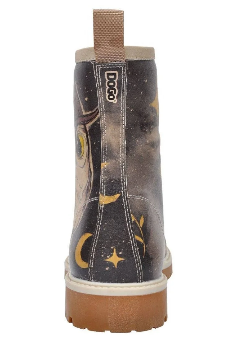 Women Vegan Leather Black Long Boots - Owls Family Design