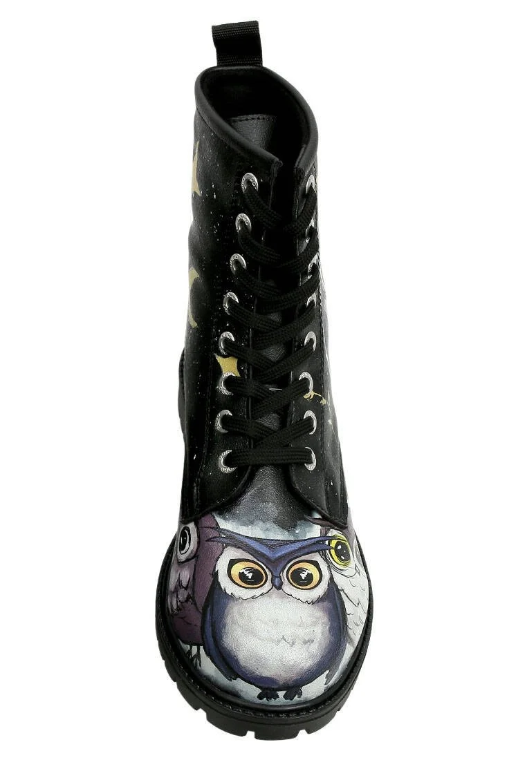 Women Vegan Leather Black Long Boots - Owls Family Design