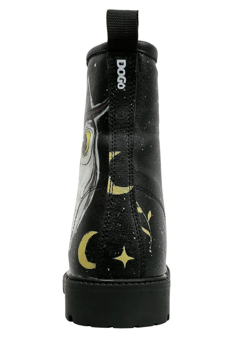 Women Vegan Leather Black Long Boots - Owls Family Design