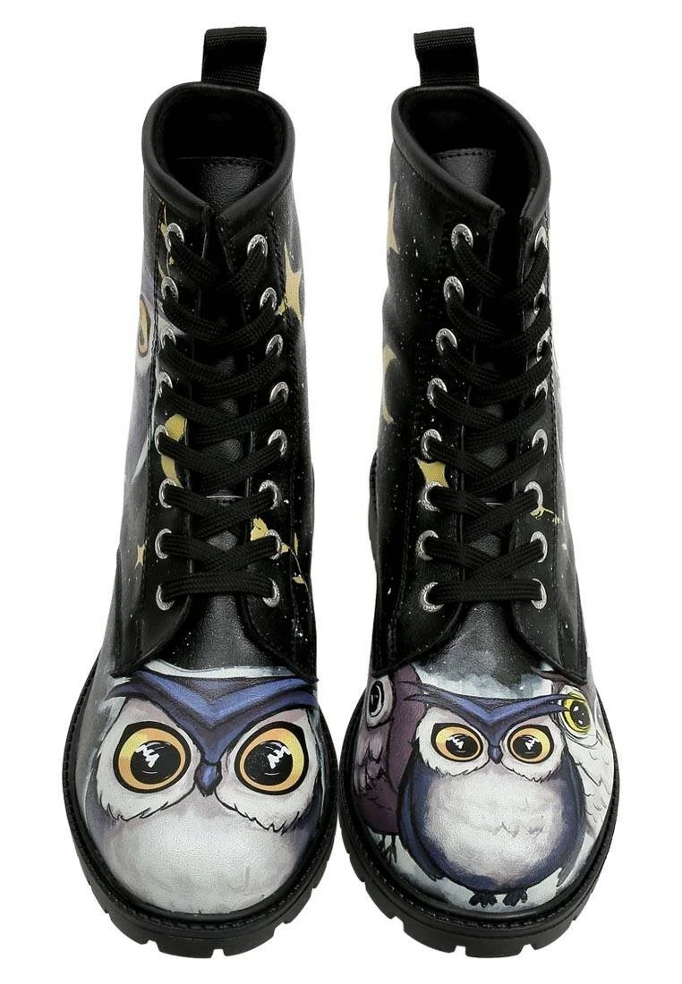 Women Vegan Leather Black Long Boots - Owls Family Design