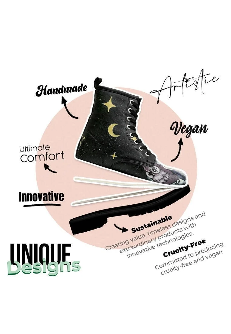 Women Vegan Leather Black Long Boots - Owls Family Design