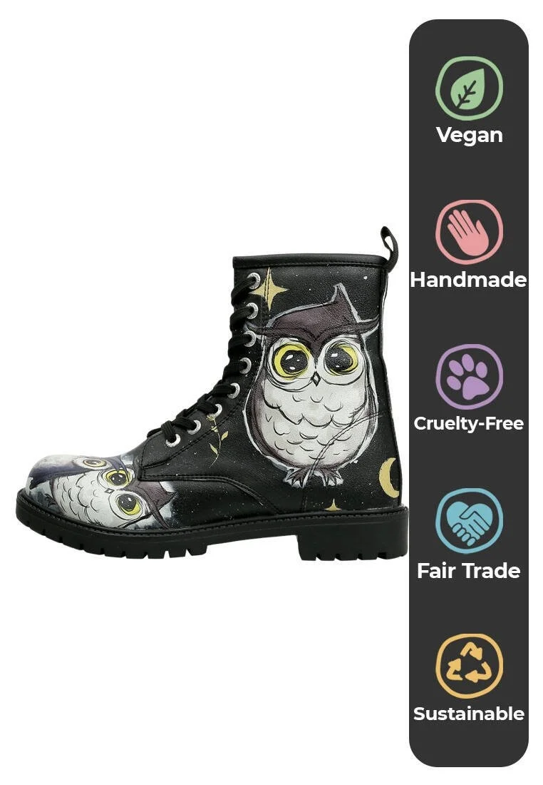 Women Vegan Leather Black Long Boots - Owls Family Design