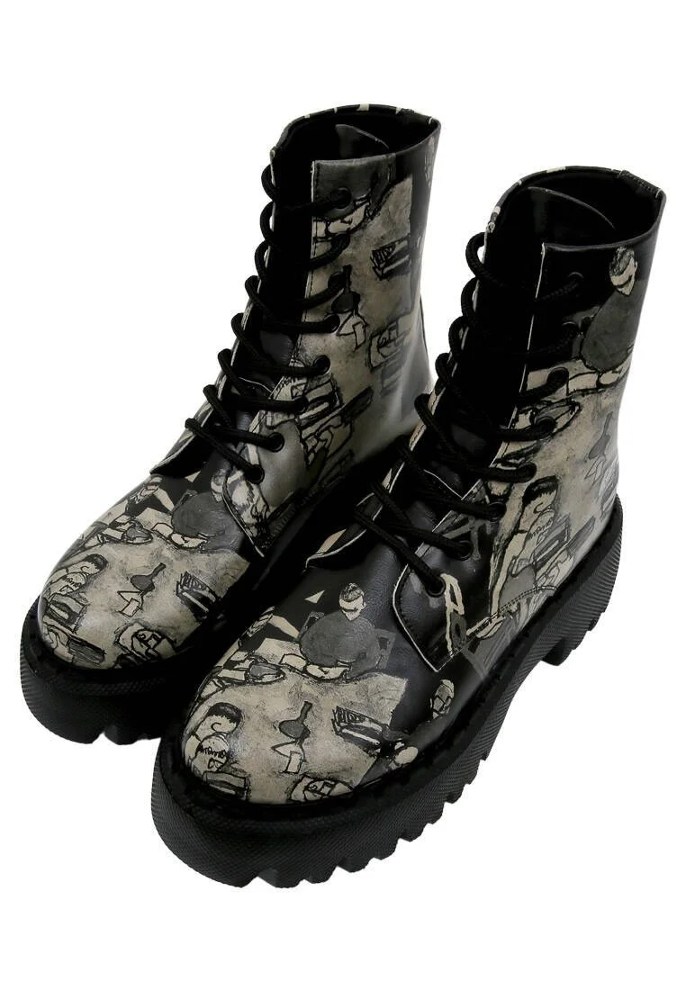 Women Vegan Leather Black Long Boots - Supper Black White Design