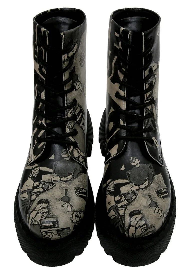 Women Vegan Leather Black Long Boots - Supper Black White Design