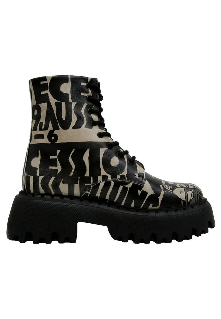 Women Vegan Leather Black Long Boots - Supper Black White Design