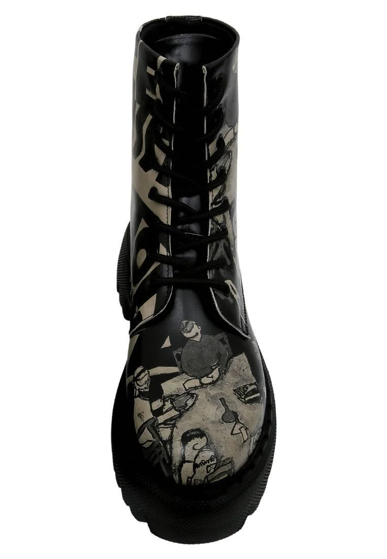 Women Vegan Leather Black Long Boots - Supper Black White Design