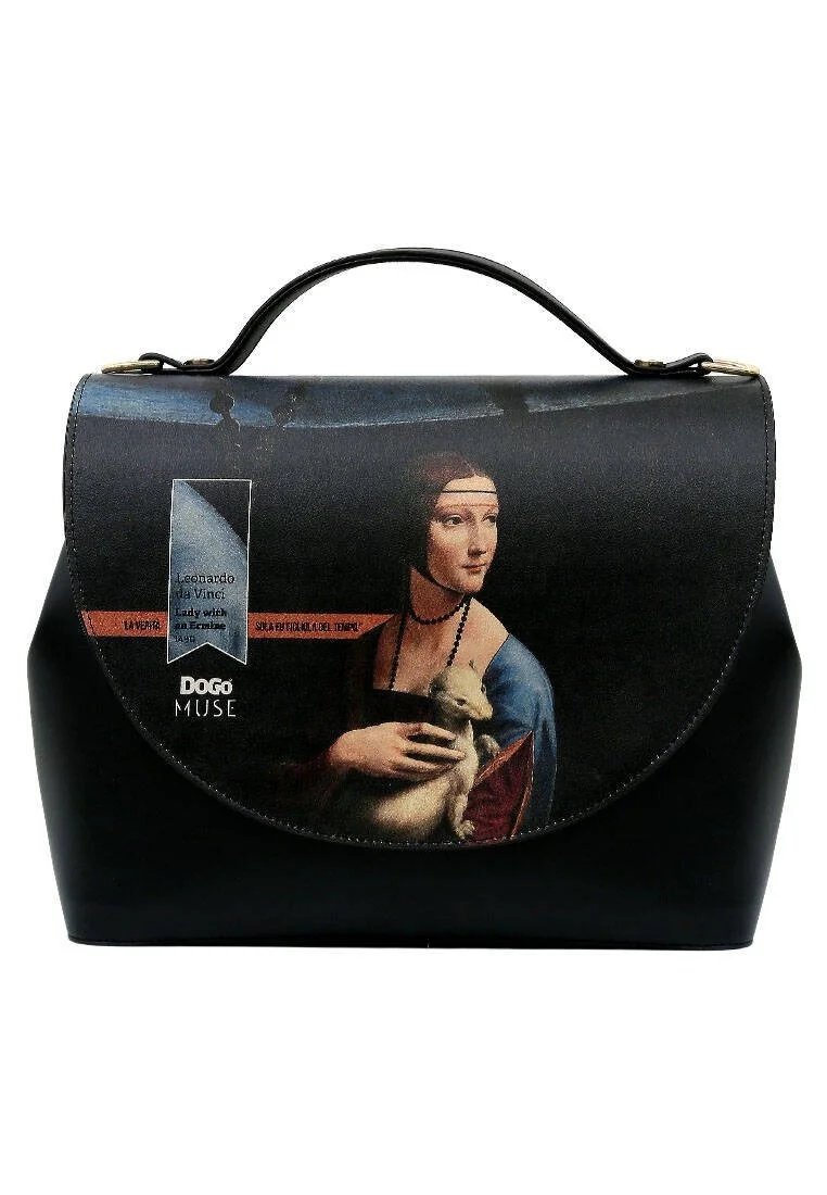 Women Vegan Leather Black Purse - Leonardo da Vinci Lady with an Ermine Design