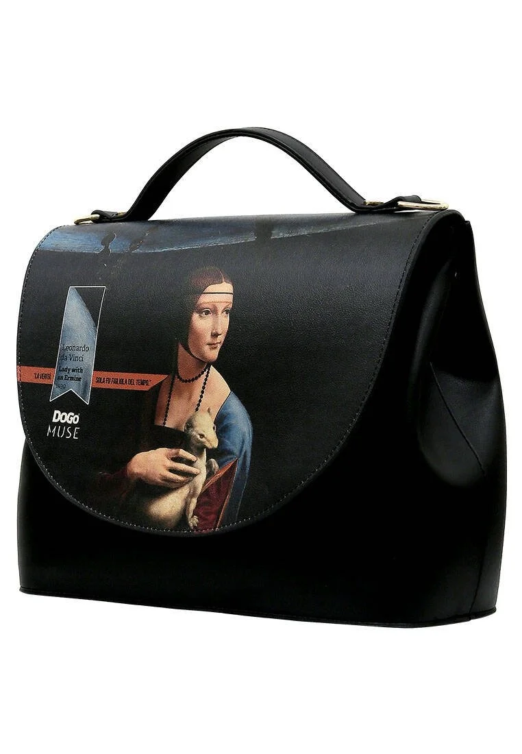 Women Vegan Leather Black Purse - Leonardo da Vinci Lady with an Ermine Design