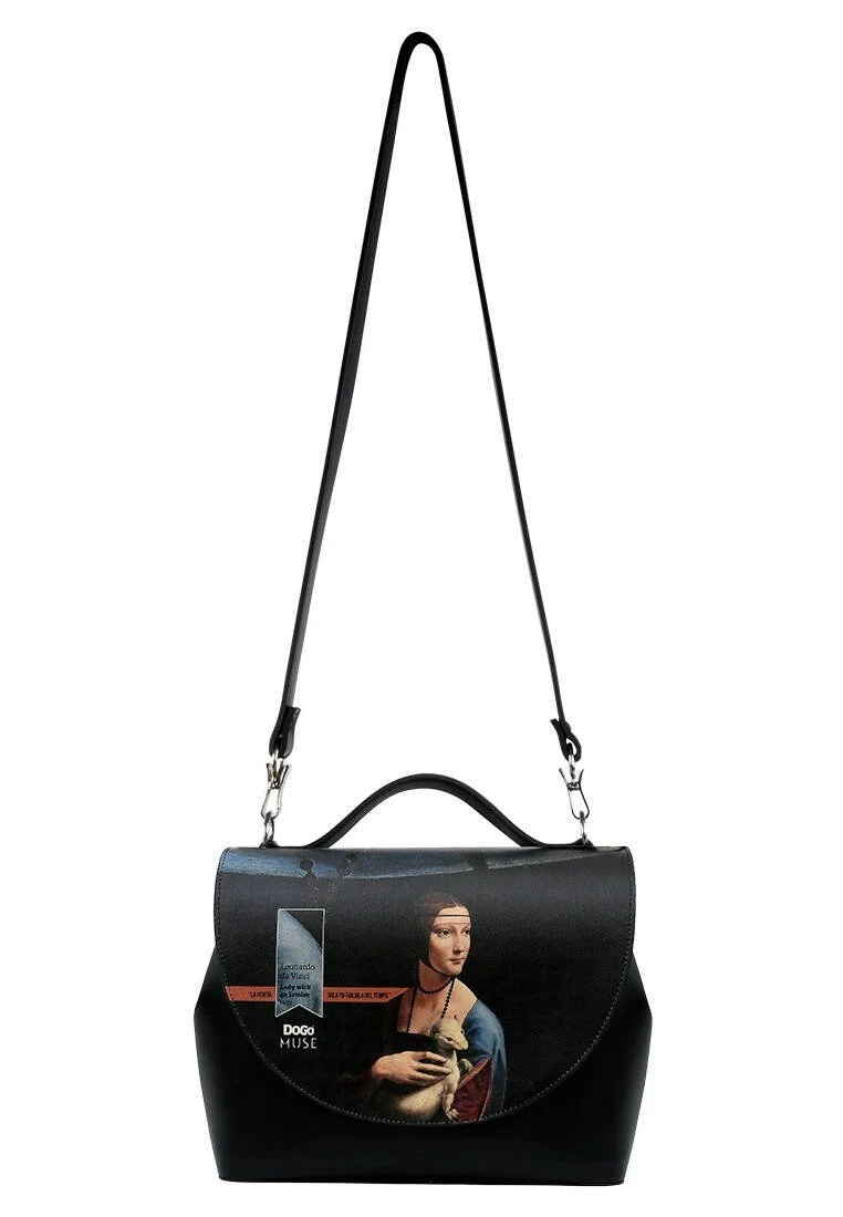 Women Vegan Leather Black Purse - Leonardo da Vinci Lady with an Ermine Design