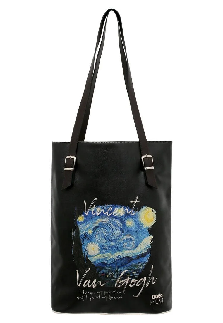 Women Vegan Leather Black Shoulder Bag - Vincent van Gogh Starry Dream Muse Design