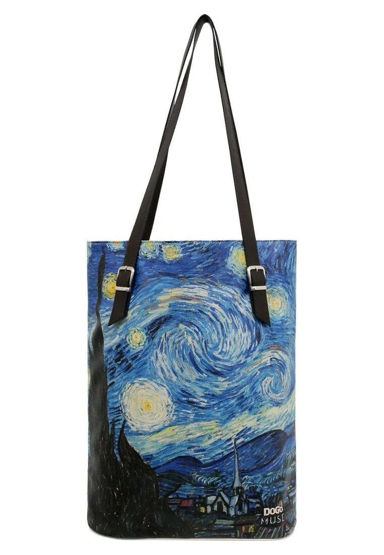 Women Vegan Leather Black Shoulder Bag - Vincent van Gogh Starry Dream Muse Design