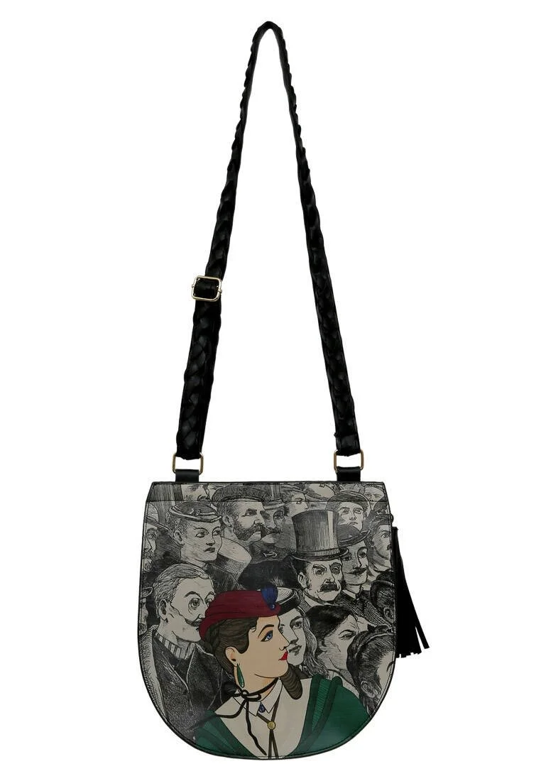 Women Vegan Leather Black Shoulder Bag - Colorful Lady Design