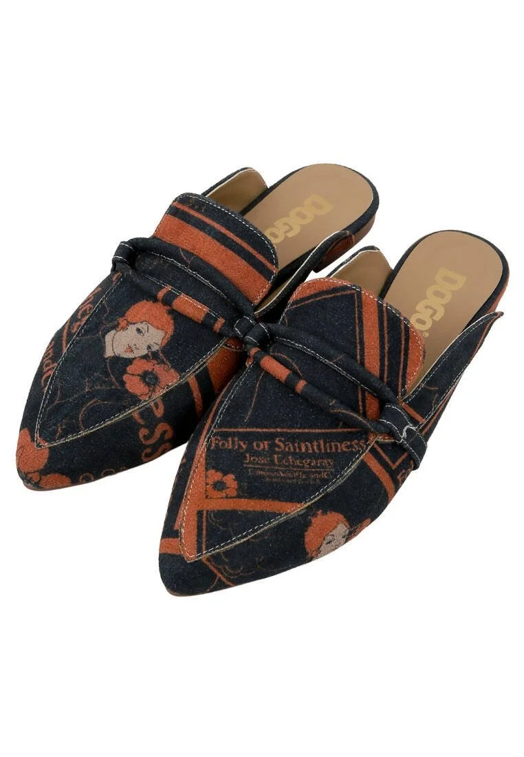 Women Vegan Leather Black Slippers - Folly or Saintliness Design