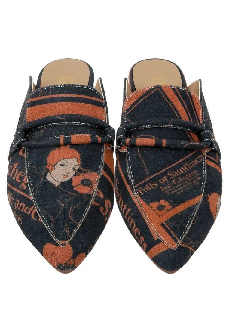 Women Vegan Leather Black Slippers - Folly or Saintliness Design