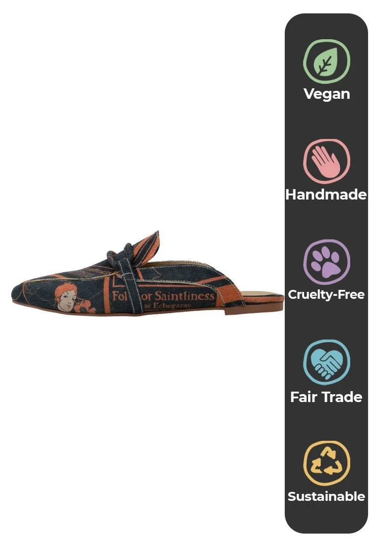 Women Vegan Leather Black Slippers - Folly or Saintliness Design
