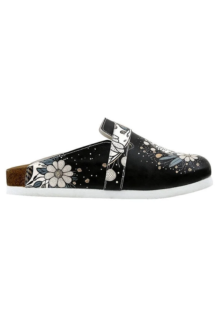 Women Vegan Leather Black Slippers - Bee with Flowers Design