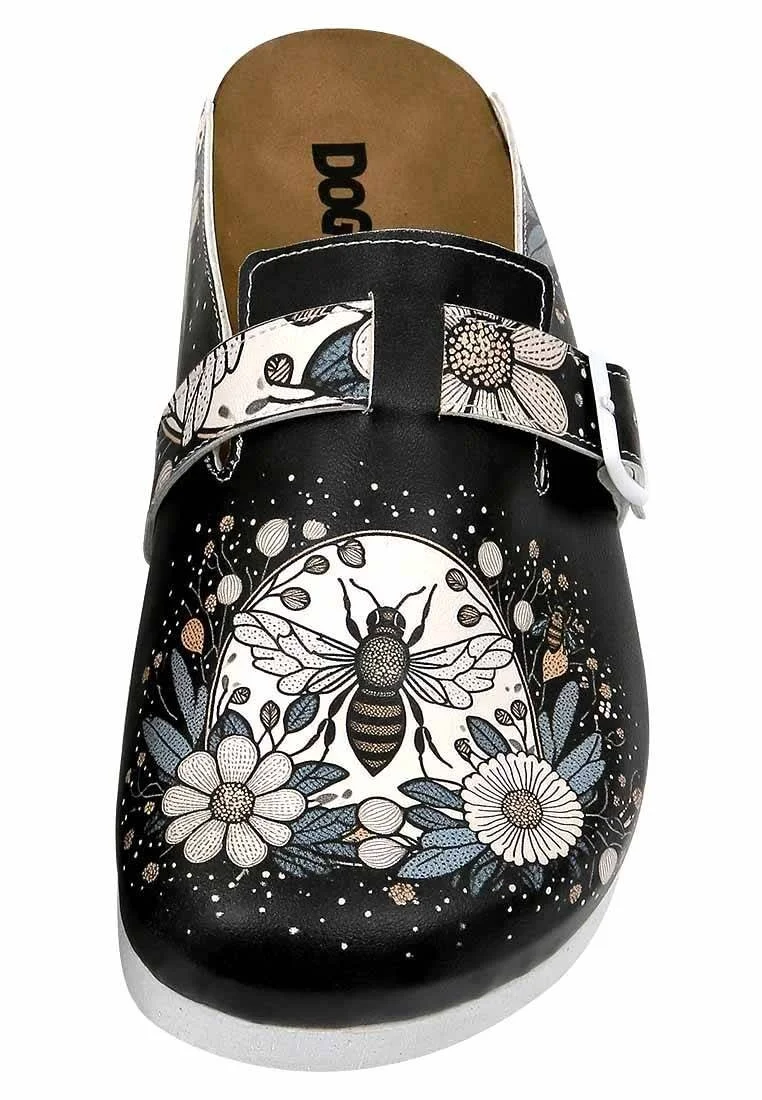 Women Vegan Leather Black Slippers - Bee with Flowers Design