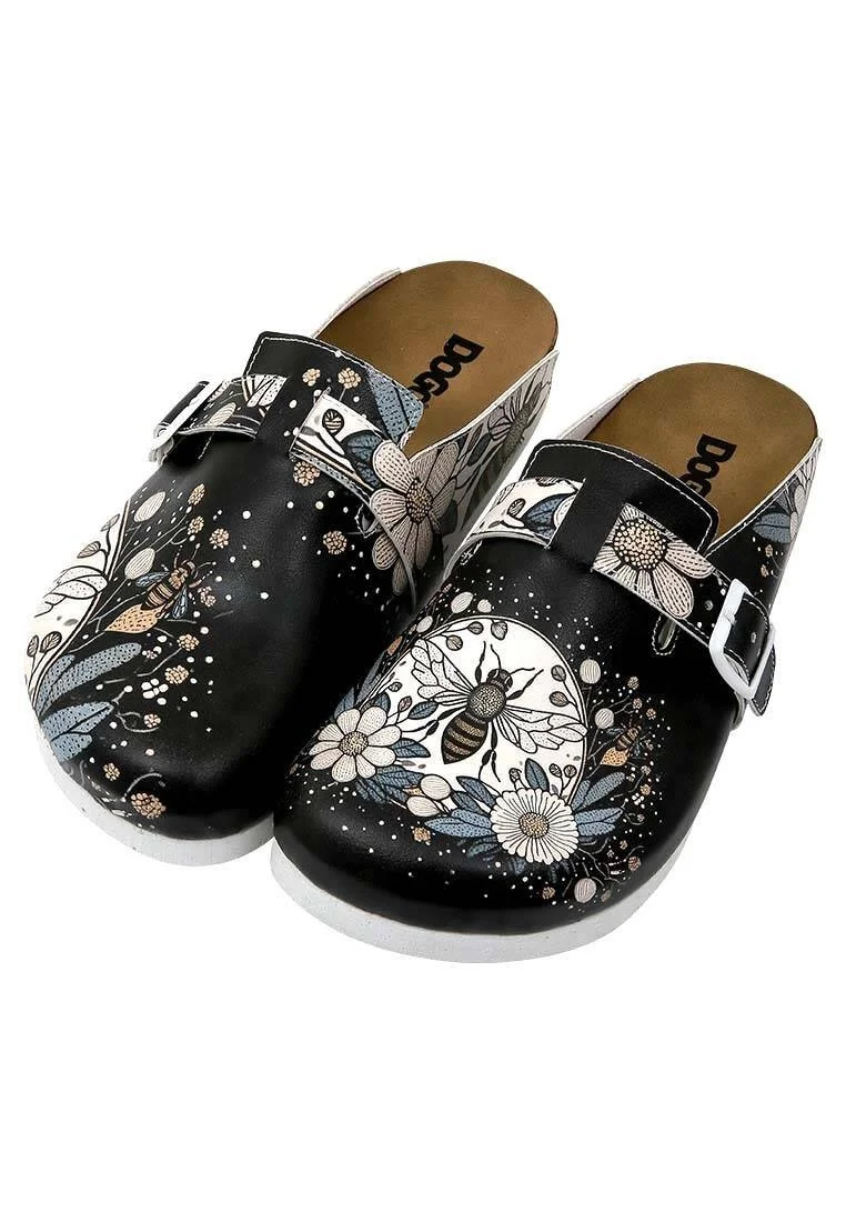 Women Vegan Leather Black Slippers - Bee with Flowers Design
