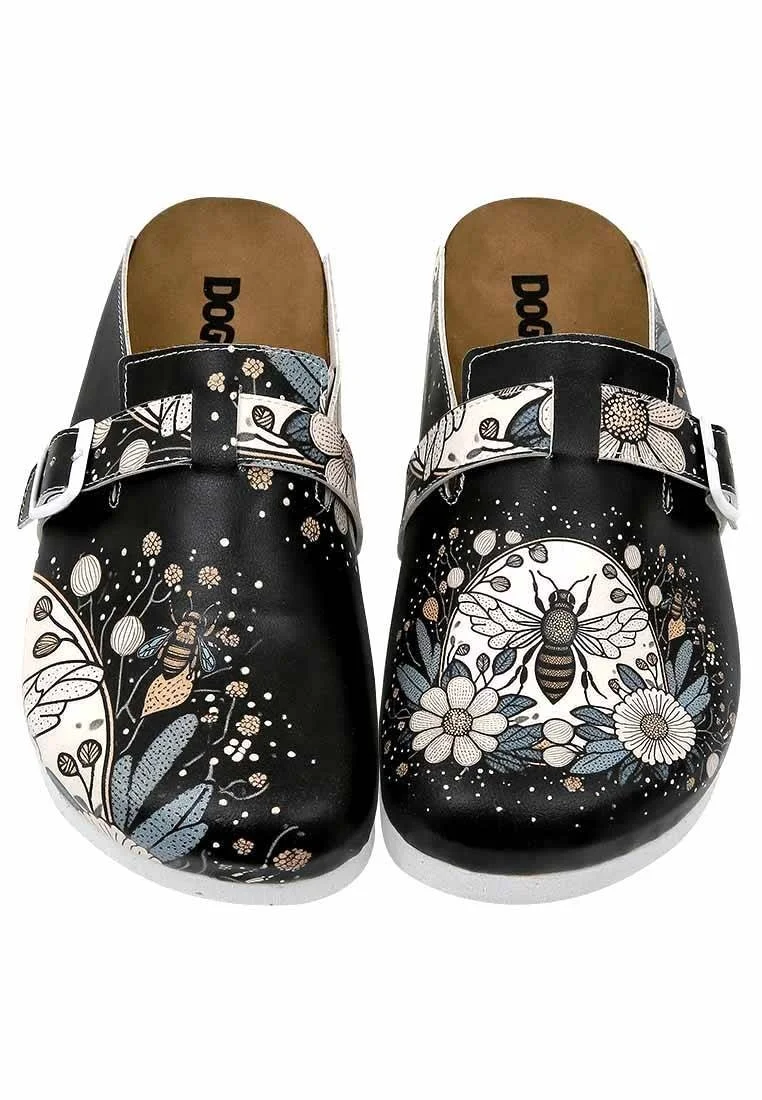 Women Vegan Leather Black Slippers - Bee with Flowers Design