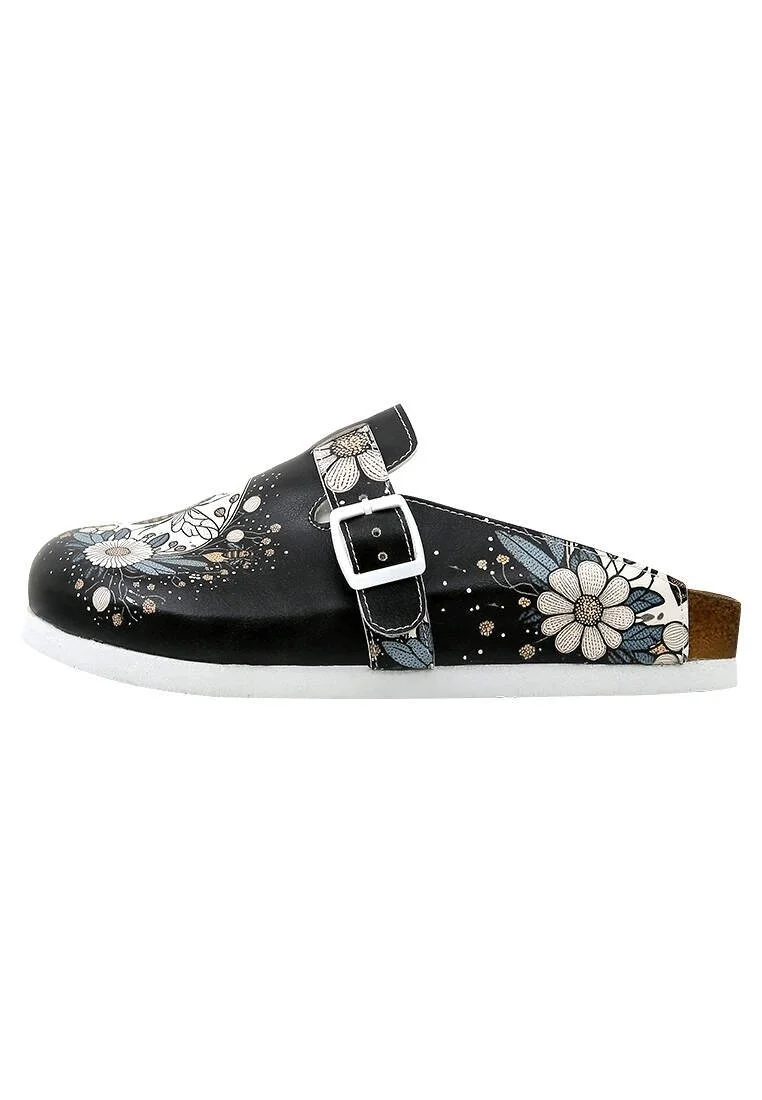 Women Vegan Leather Black Slippers - Bee with Flowers Design