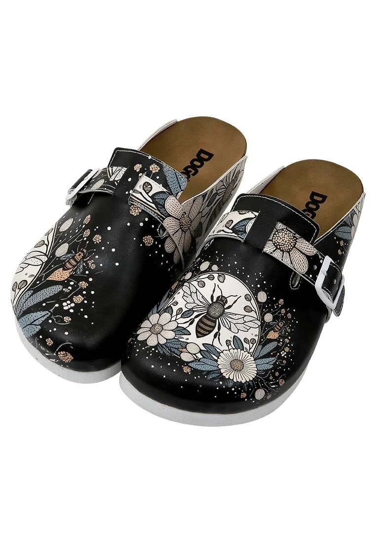 Women Vegan Leather Black Slippers - Bee with Flowers Design