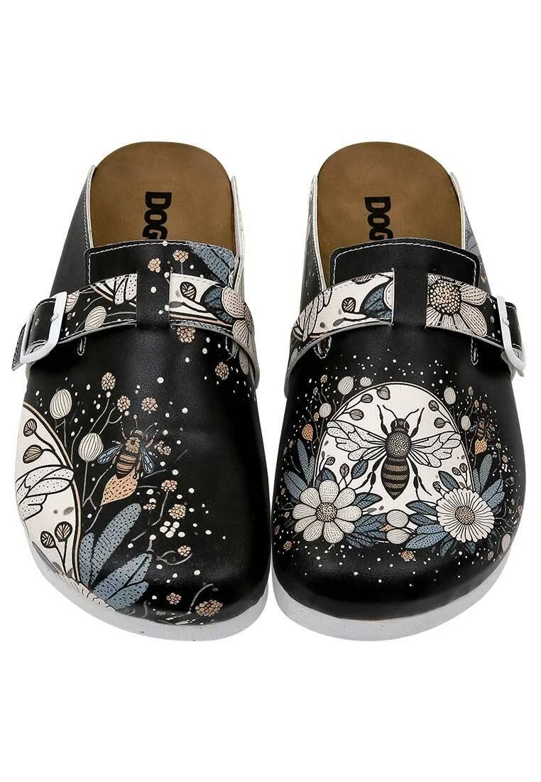 Women Vegan Leather Black Slippers - Bee with Flowers Design
