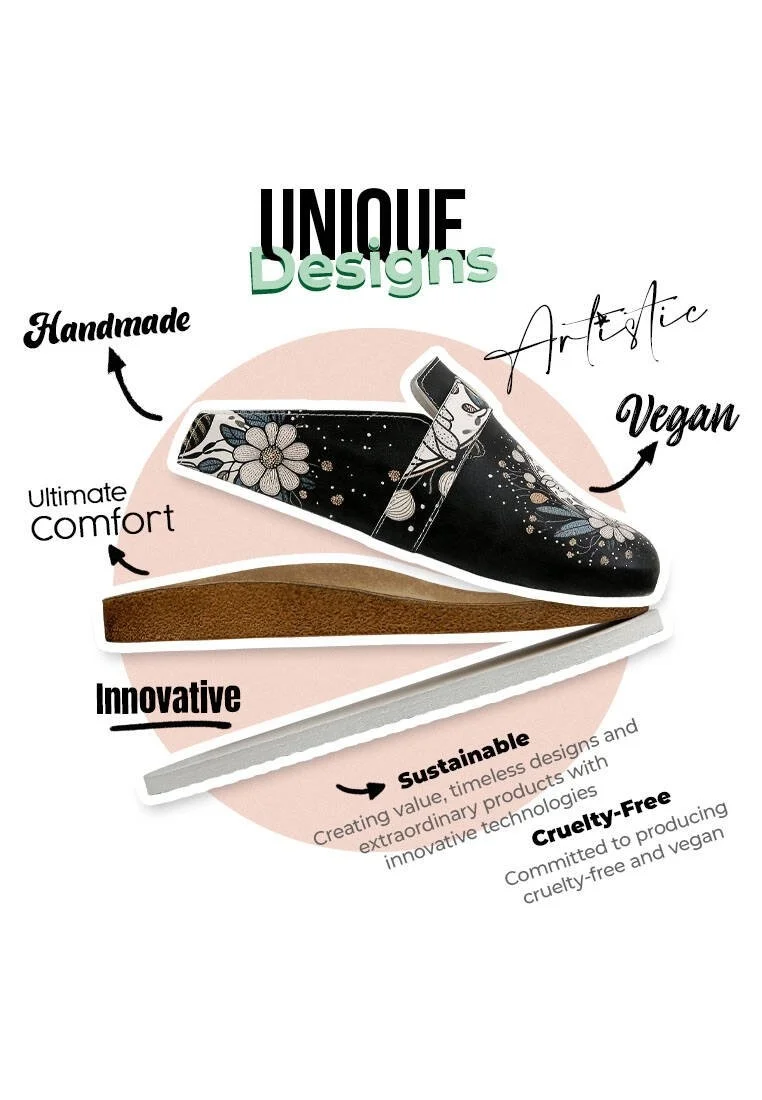 Women Vegan Leather Black Slippers - Bee with Flowers Design