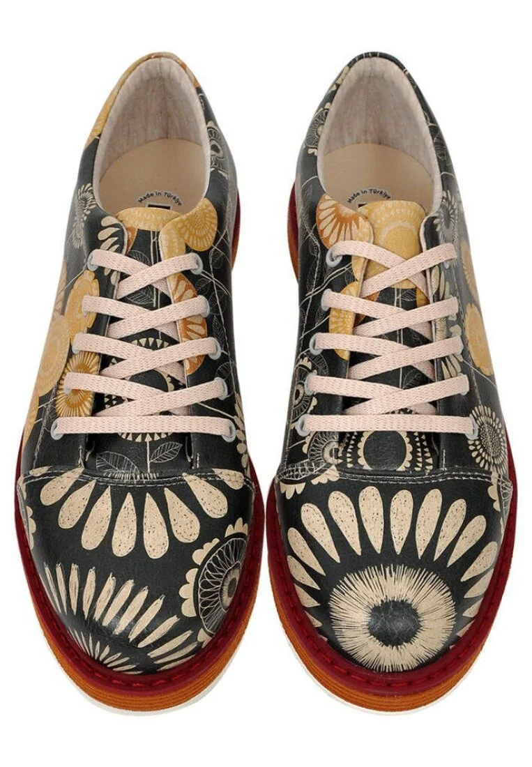Women Vegan Leather Black Sneakers - A Bouquet of Sun Design