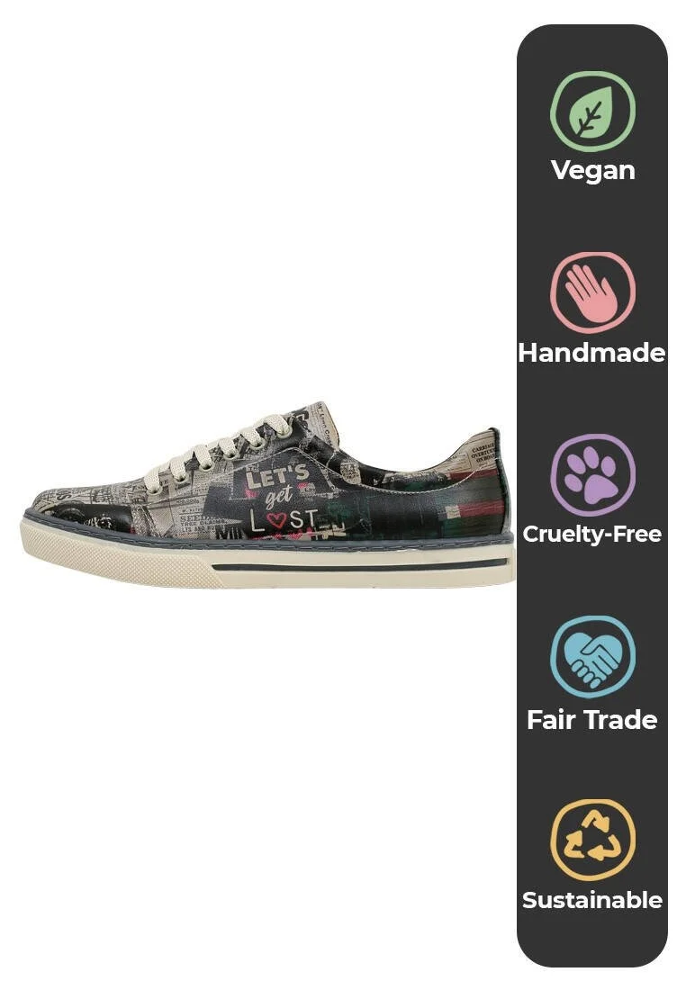 Women Vegan Leather Black Sneakers - Let's Get Lost Design