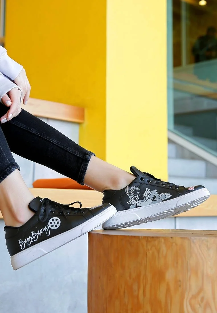 Women Vegan Leather Black Sneakers - Warner Bros What's Up Doc? Bugs Bunny Design